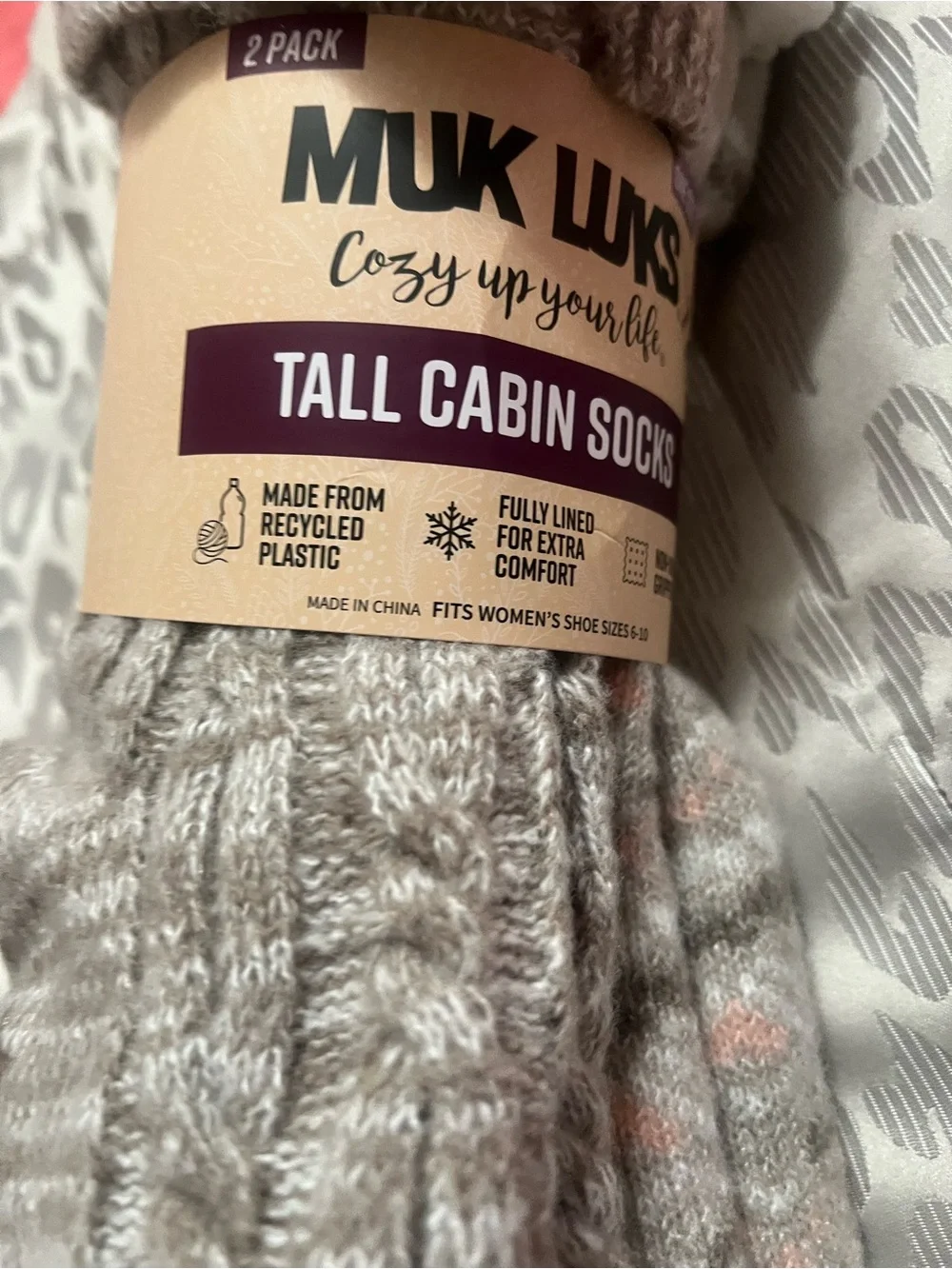 Muk Luks Tall Cabin  Knit Slipper Socks in Heathered Taupe